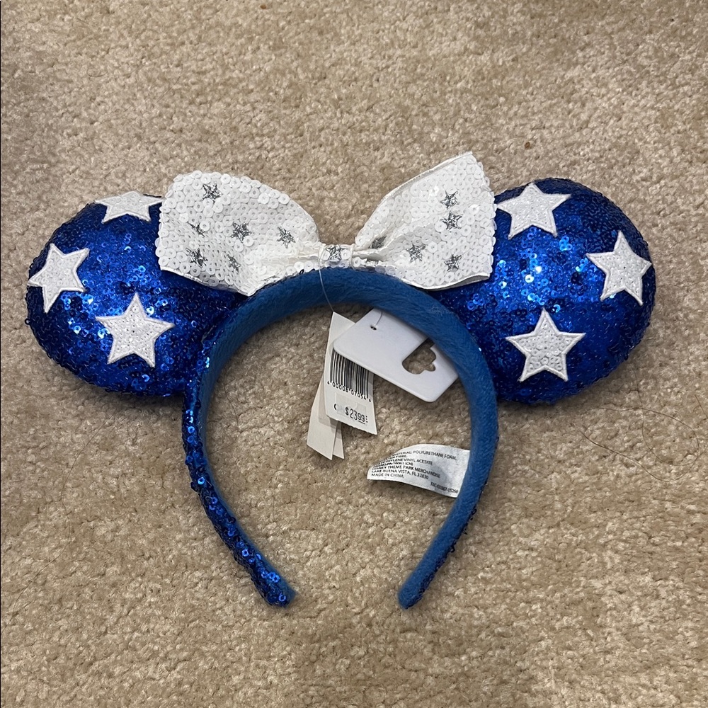 Disney Blue Sequin Star Minnie Ears Headband with White Bow